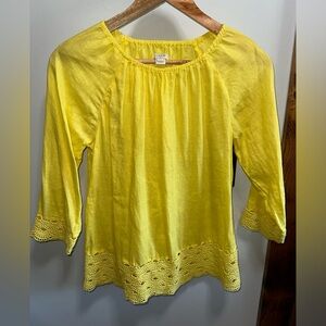 J. Crew 100% Linen Yellow Lace Trim Blouse